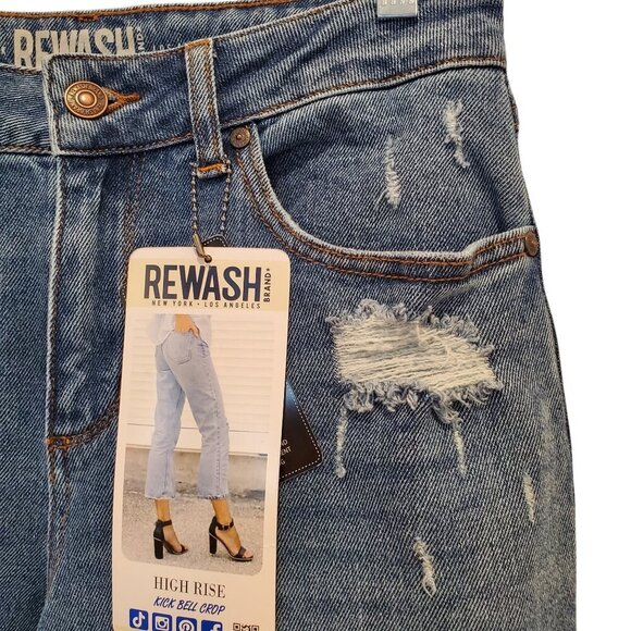 NWT REWASH BRAND SZ 7/28 High Rise Kick Bell Distressed Crop Blue Jeans - Picture 2 of 9
